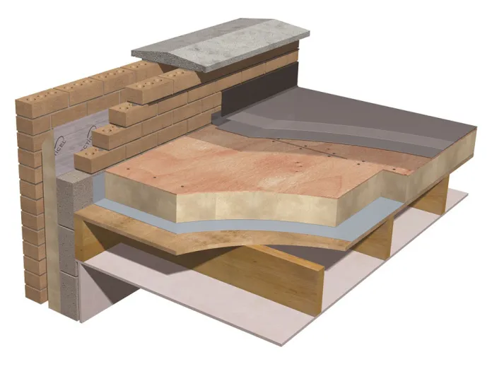 Cutaway illustration of a layered roof structure with insulation and brick detail.