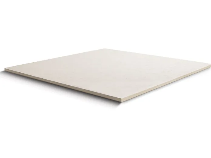 Flat, square, beige ceramic tile with a smooth surface.