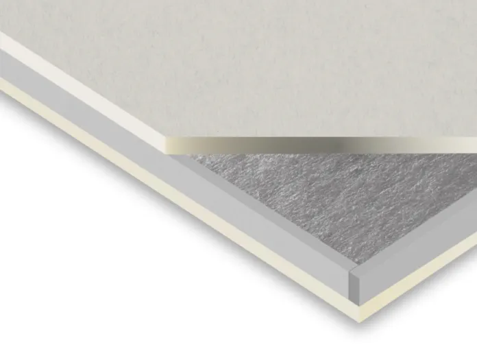 Cross-section of an insulated panel with layers of material.