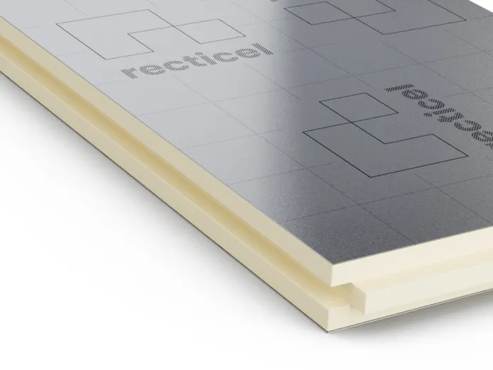 Silver insulation board with a grid pattern and beige edges.