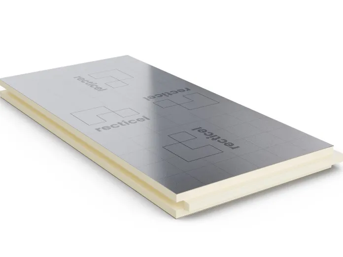 Silver insulating foam board, rectangular with grooved edges.