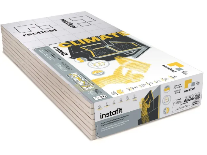 Pack of white insulation boards with illustrated instructions and graphics.
