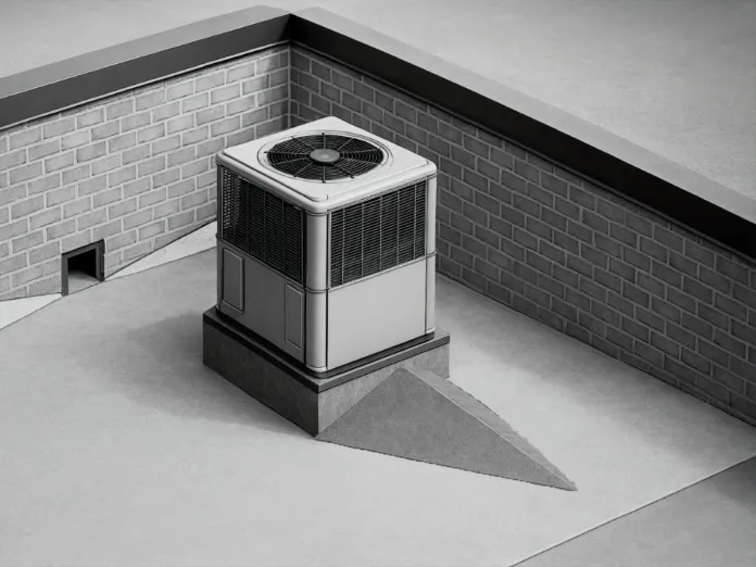 Rooftop air conditioning unit in a walled corner, casting a shadow.