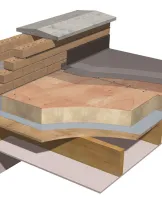 Cutaway illustration of a layered roof structure with insulation and brick detail.
