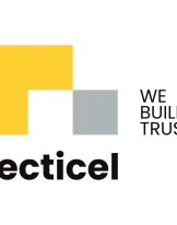 Yellow and gray geometric logo on a black background.