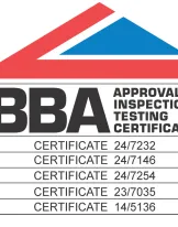 BBA logo with certifications listed below in black text.