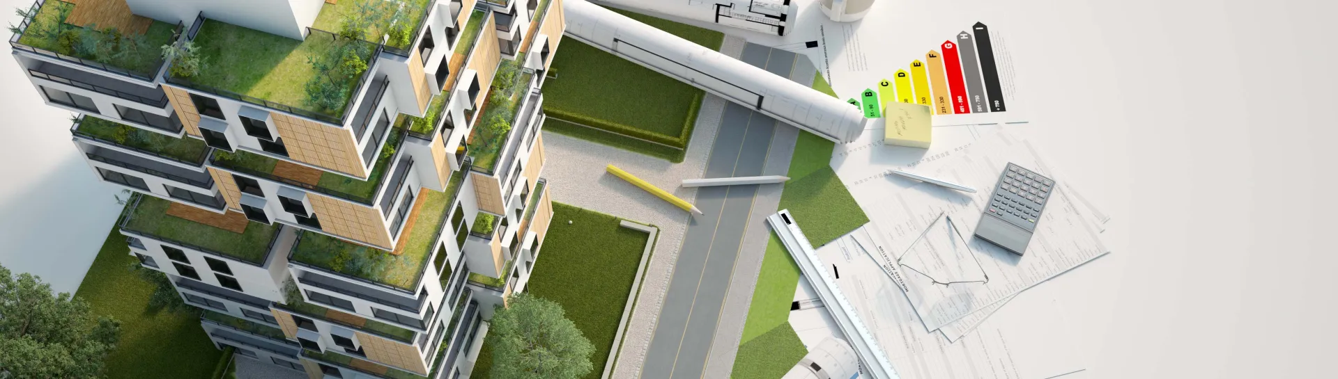 Sustainable building with green roofs and architectural plans.