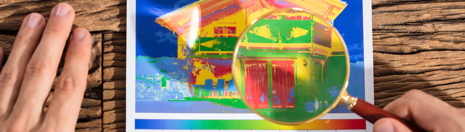Thermal image of a house on wood, hands holding a magnifying glass.