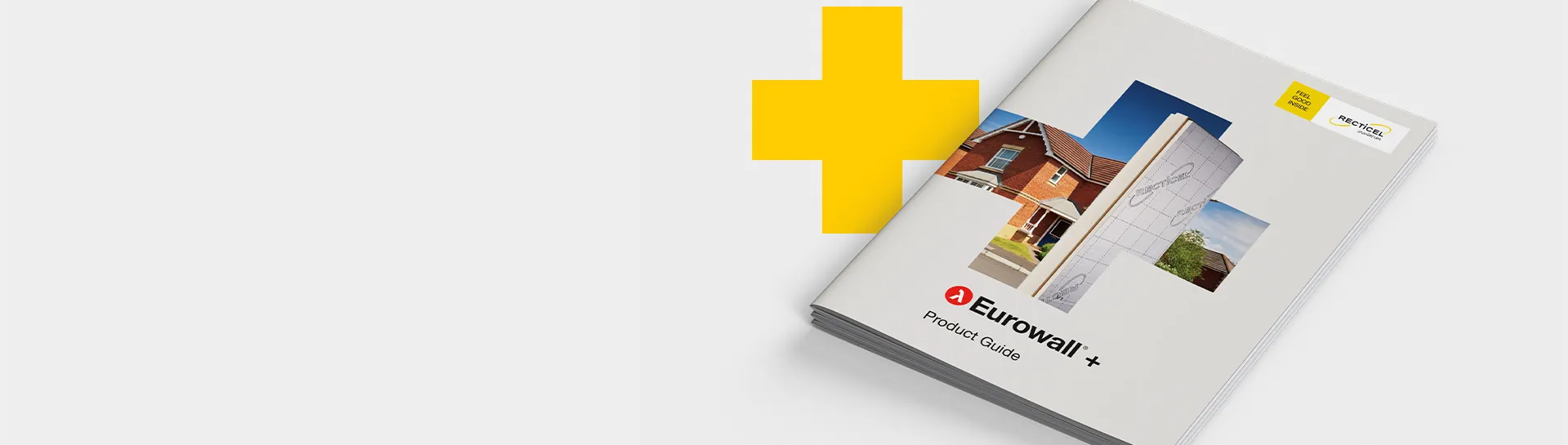 Brochure with building photos and yellow plus sign.