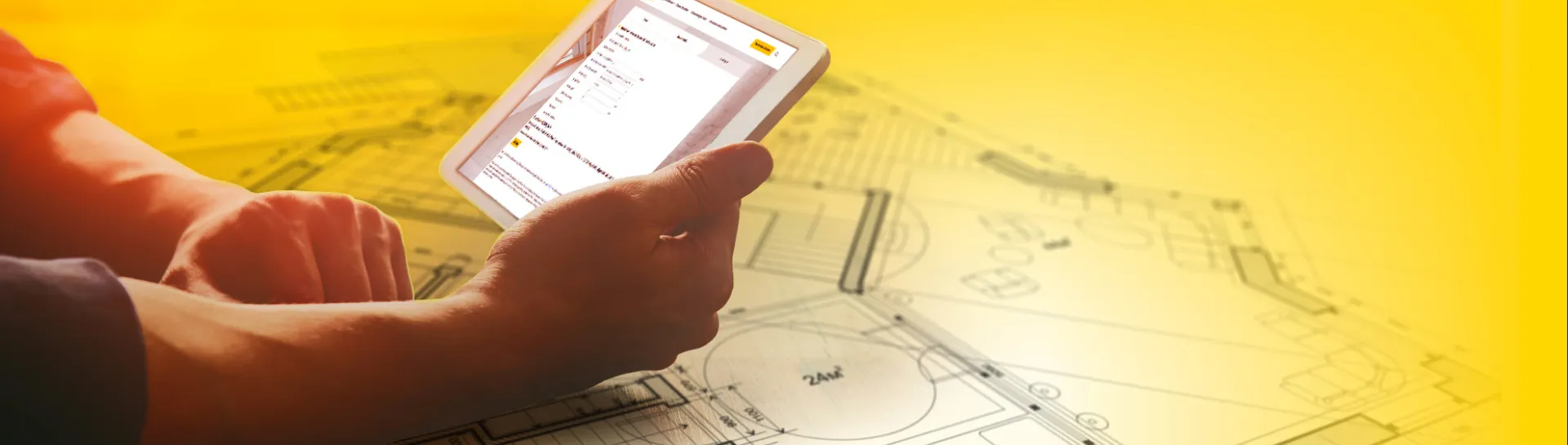 Person making a u-value insulation calculation on a PC teblet with a construction plan as background