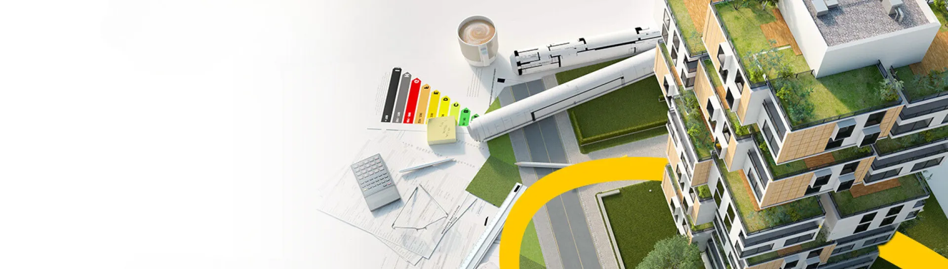 Eco-friendly building with rooftop gardens and paths.