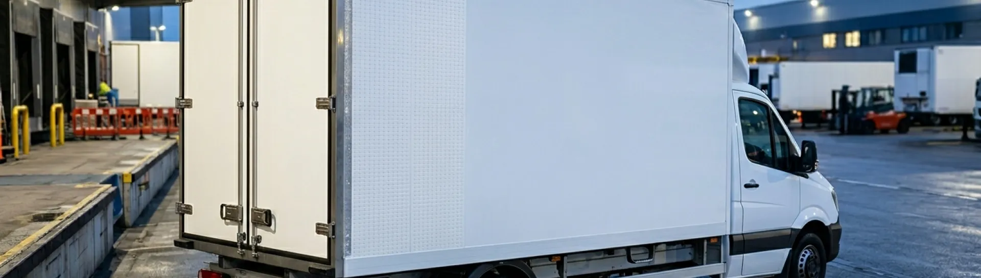 White delivery van in loading dock area, overcast sky.