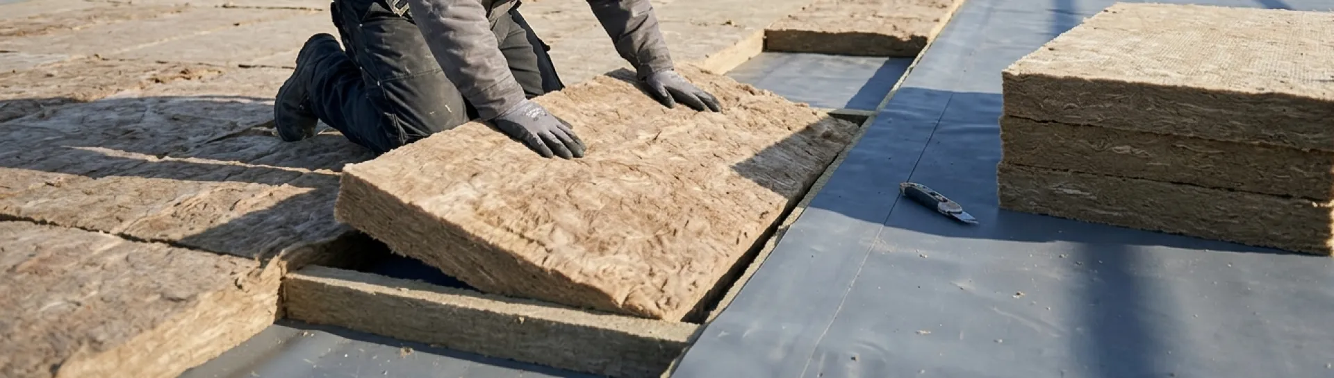 Worker installing insulation on a rooftop under clear sky.