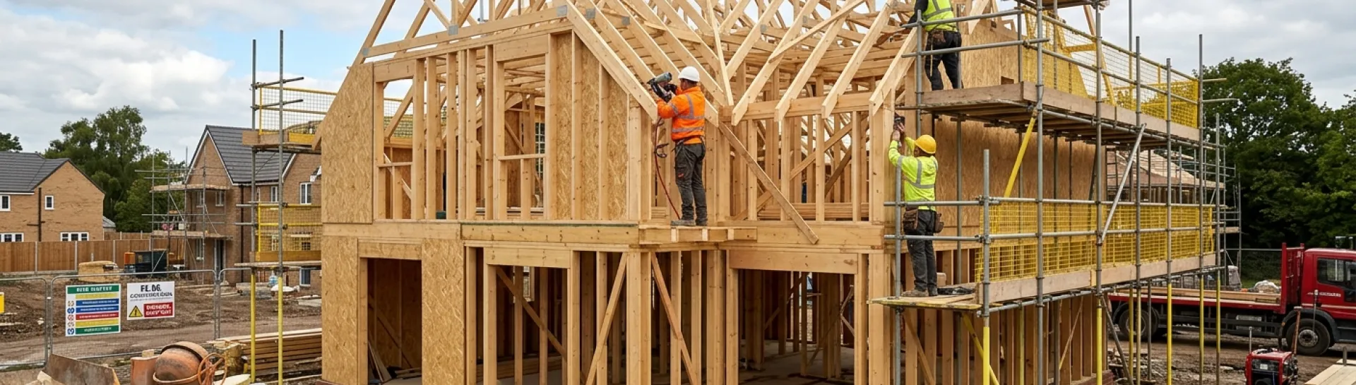 Wooden house frame under construction with workers and scaffolding.