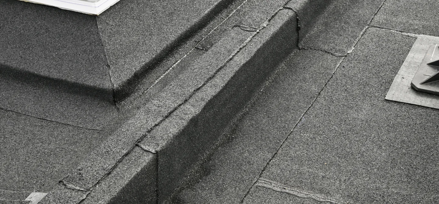 Flat roof with grey asphalt shingles and skylight edge.