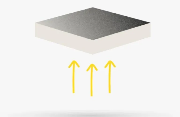 Floating gray rectangle with three upward yellow arrows.