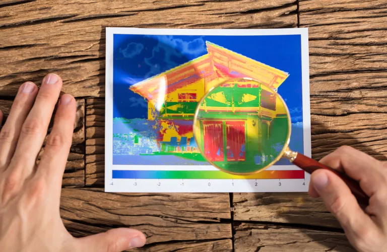 Thermal image of a house on wood, hands holding a magnifying glass.