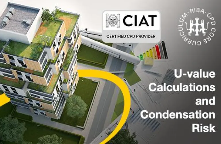 Illustration of a modern building with green roof and CIAT, RIBA, and CIBSE logos.