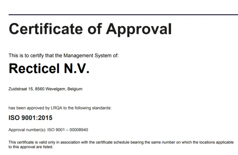 LRQA certificate of approval for Recticel N.V., ISO 9001:2015 compliance.