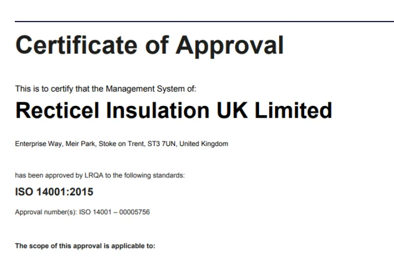 Certificate of Approval for Recticel Insulation UK by LRQA.