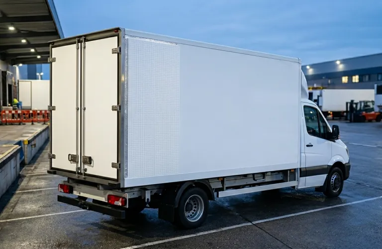 White delivery van in loading dock area, overcast sky.