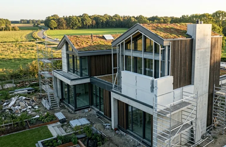 Modern house with greenery on roofs, surrounded by fields and trees.