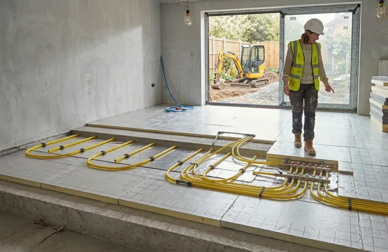 Worker in hard hat inspecting underfloor heating installation.