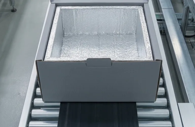 Cardboard box on conveyor belt in an industrial setting.