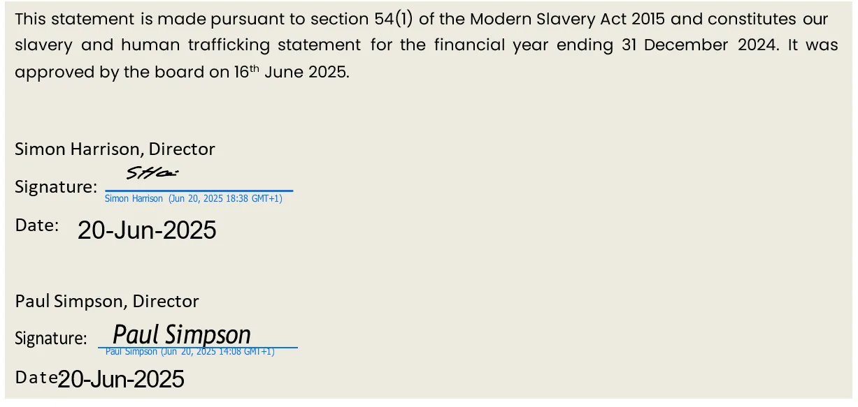 Statement with signatures and approval dates.