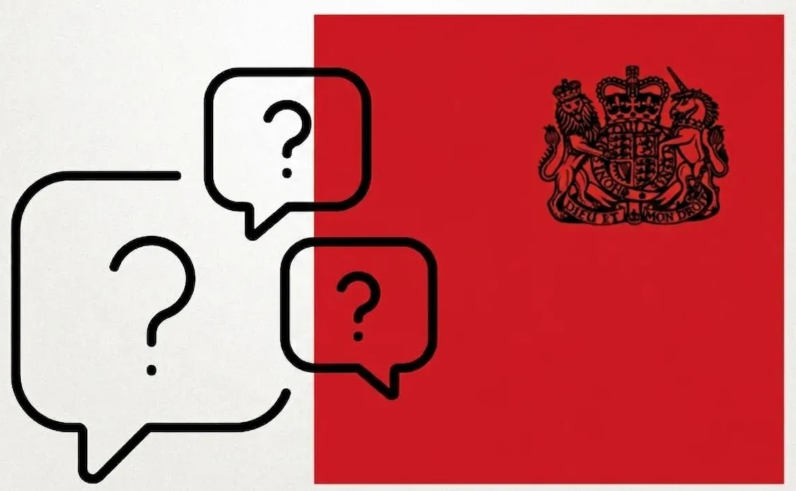 Speech bubbles with question marks on red insignia background.