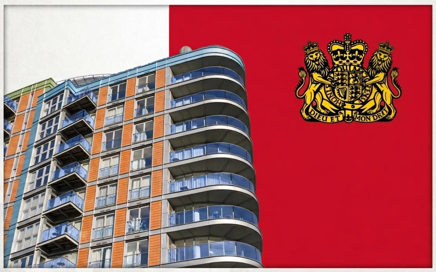 Modern building with curved balconies against a red flag with a golden emblem.