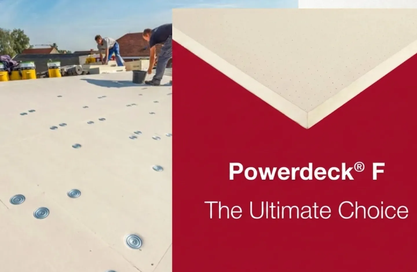 Rooftop construction with Powerdeck F branding on the right.