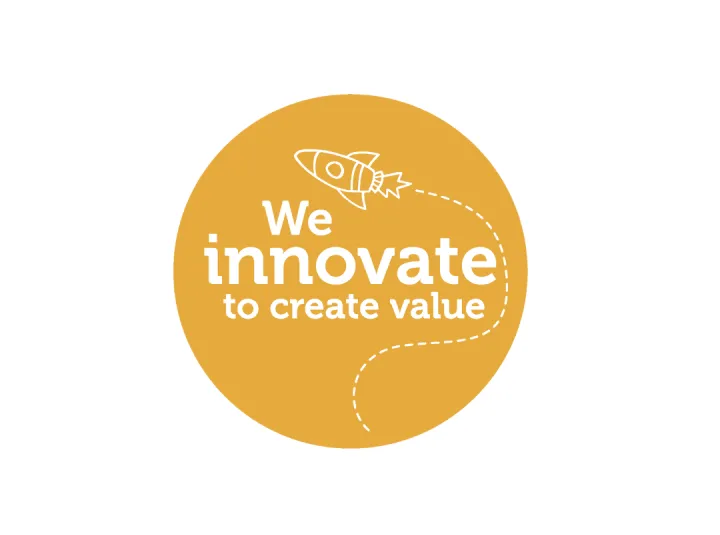 A yellow circle with text and a rocket graphic.