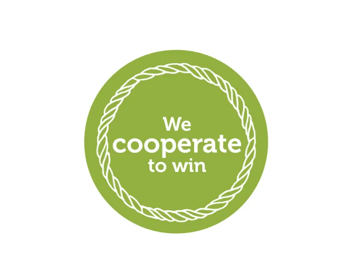 Green circle with text: "We cooperate to win."