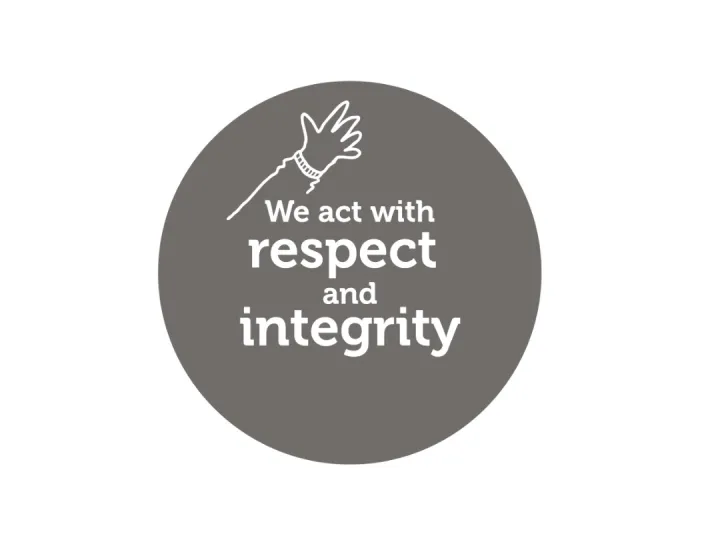 Circular graphic with handshake, text: respect and integrity.