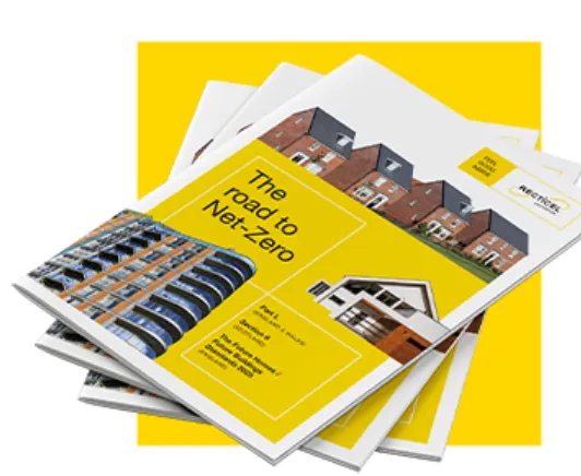 Brochures with photos of buildings on a yellow background.
