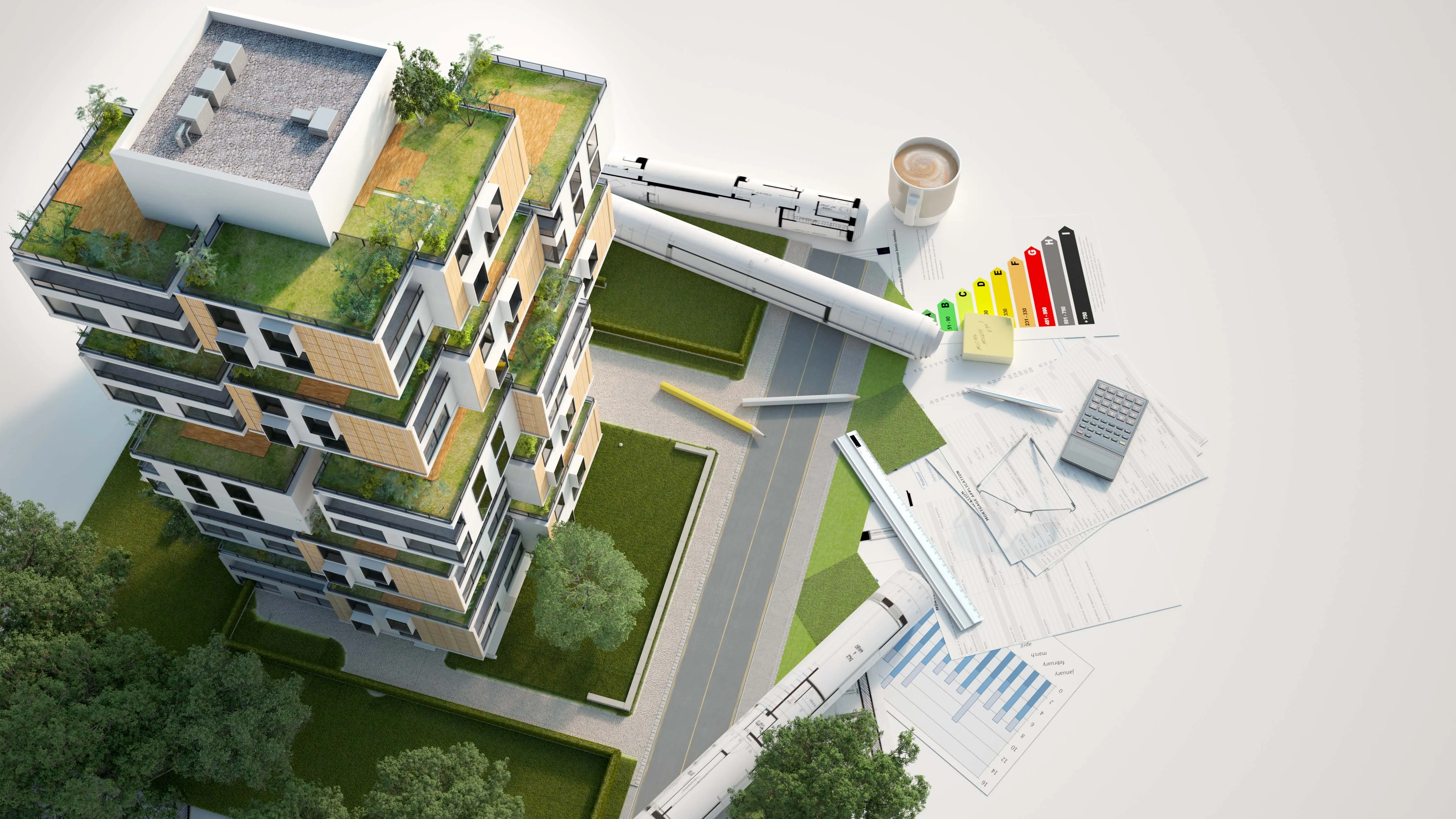 Sustainable building with green roofs and architectural plans.
