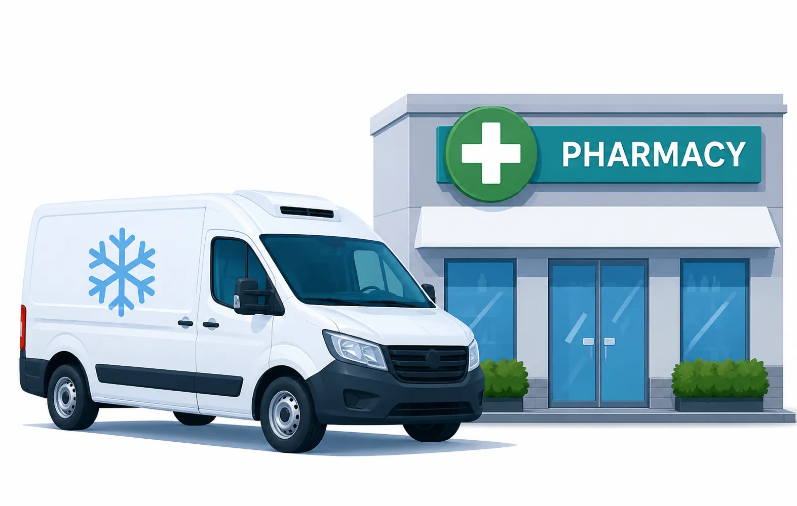 White van with snowflake, parked outside pharmacy building.