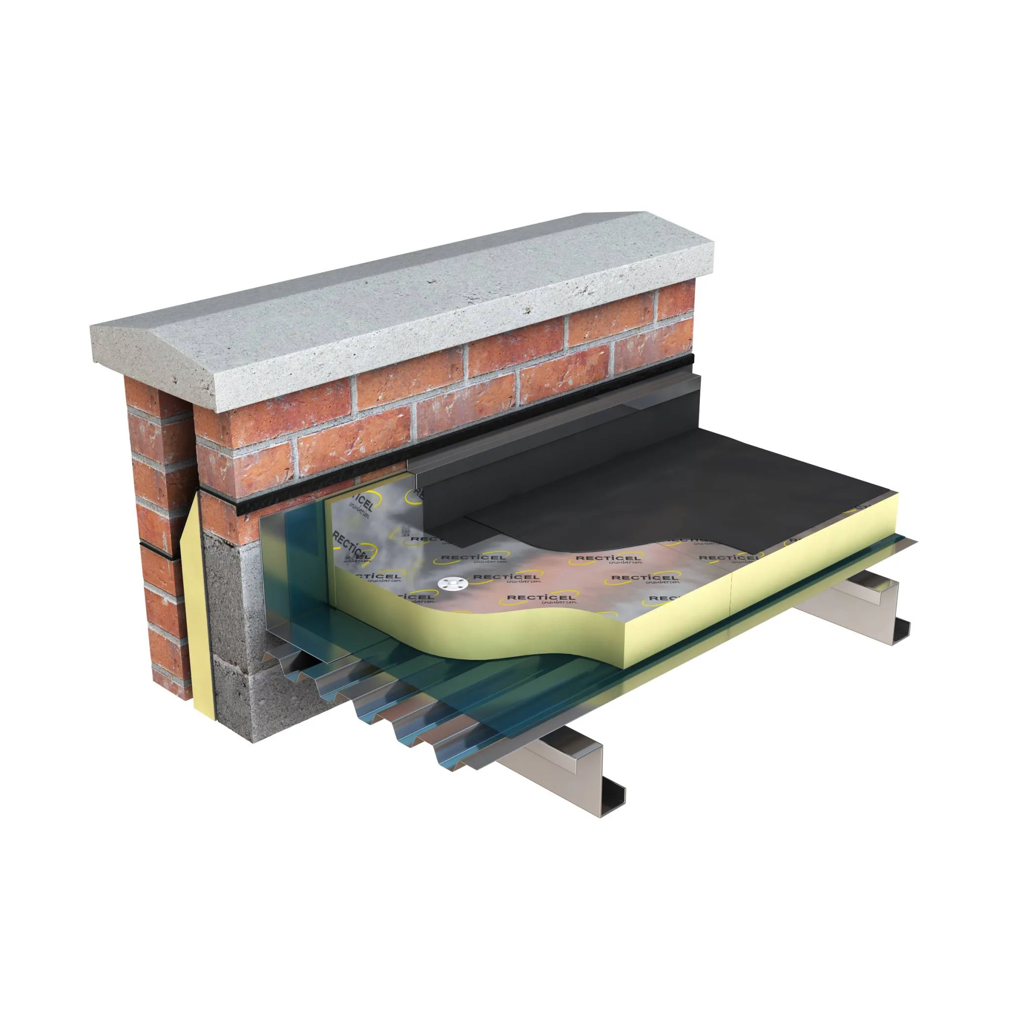 Cross-section of a flat roof with insulation layers and brickwork.
