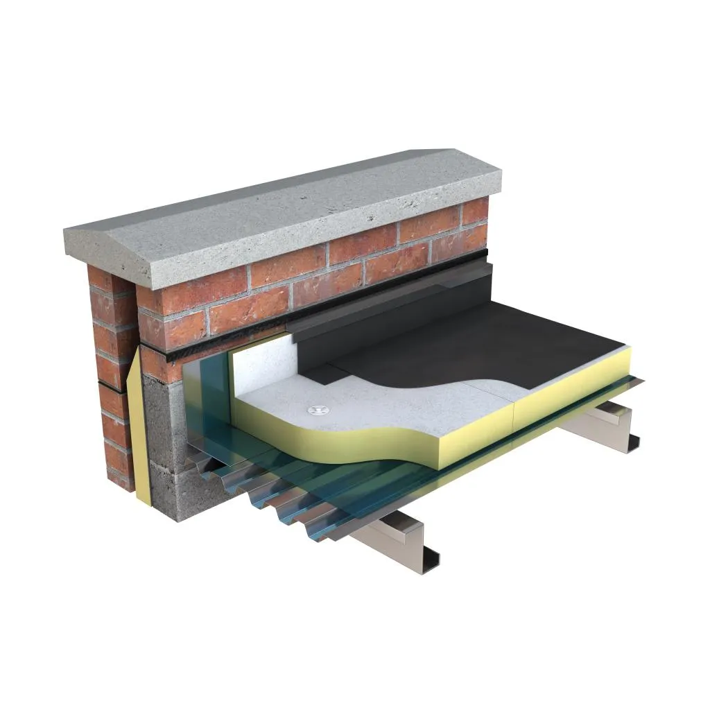 Cutaway diagram of roof insulation layers under brick edge.