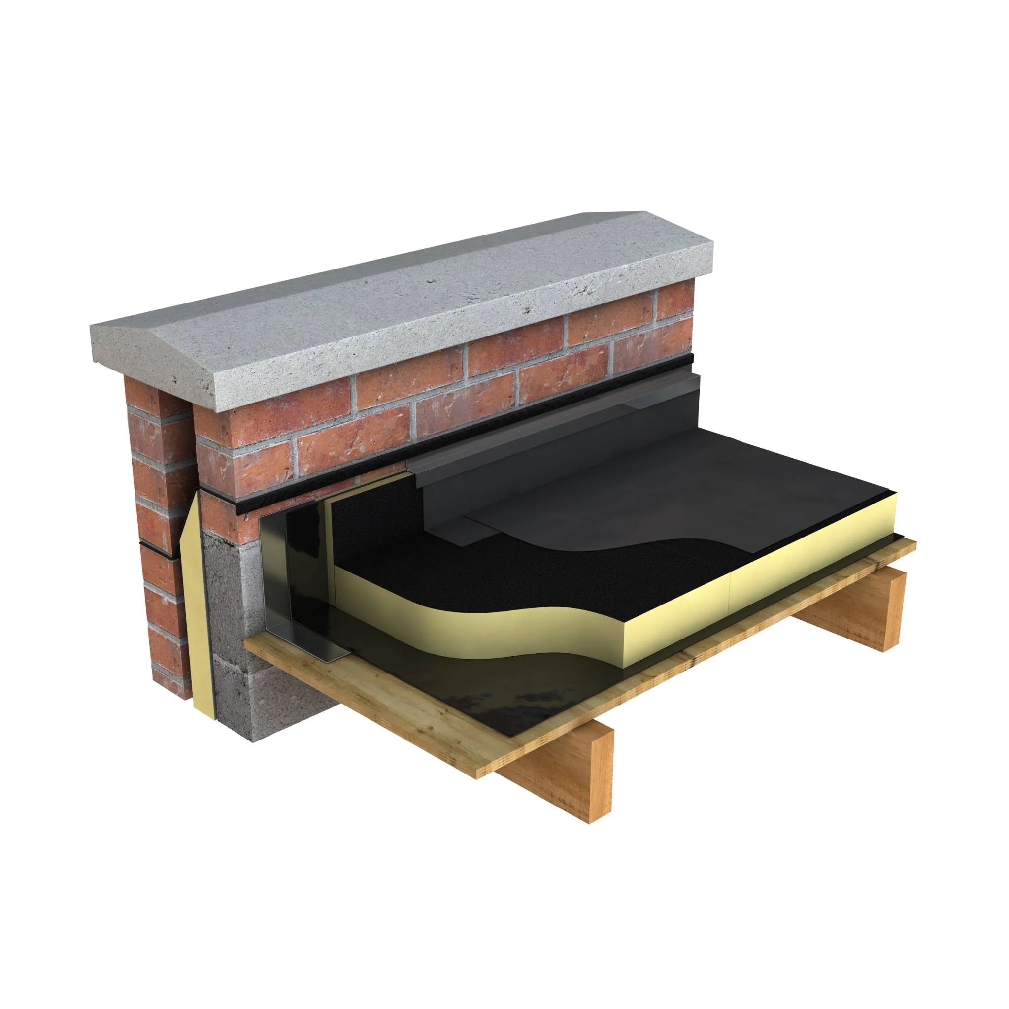 Cross-section of a thermal insulation detail on a brick wall and roof.