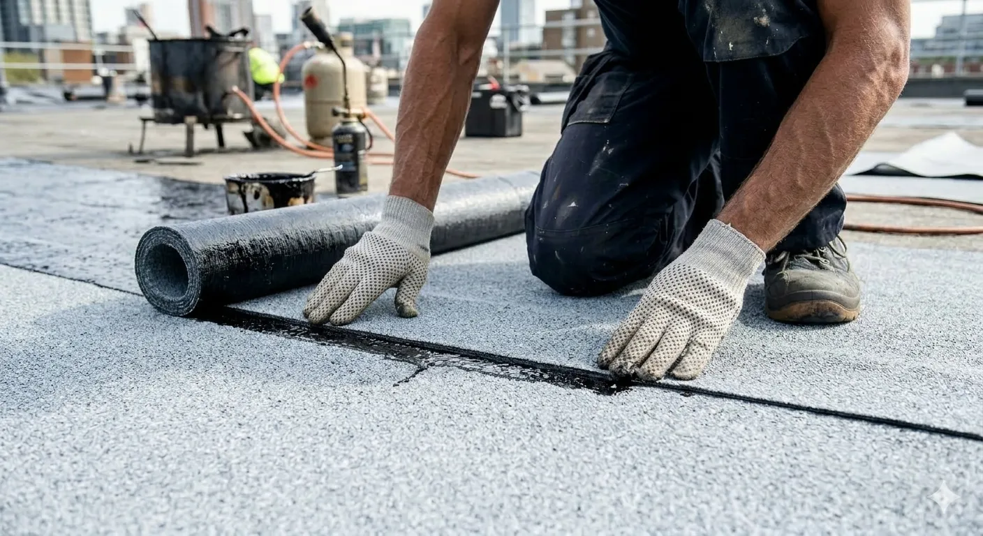 Roofer installing waterproof membrane on a flat roof.