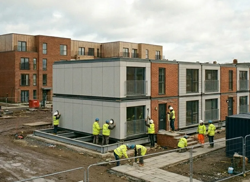 Construction workers building modular homes on site.