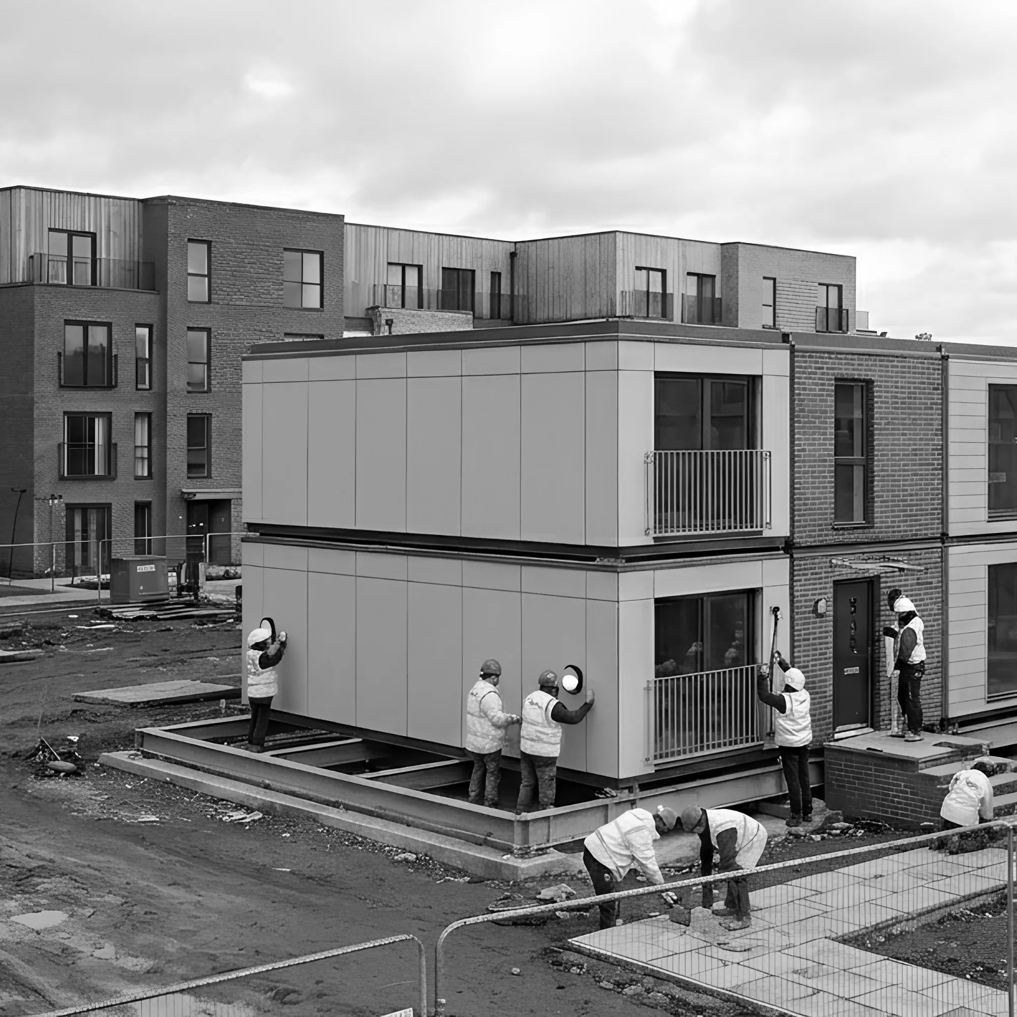 Construction workers assemble modular houses on a building site.