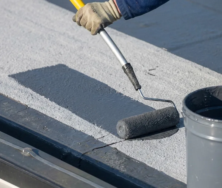 Painting a flat roof with a roller and grey paint.