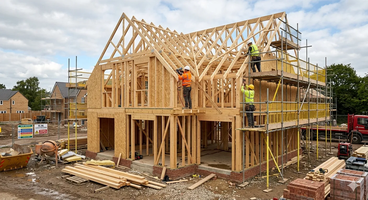 Wooden house frame under construction with workers and scaffolding.