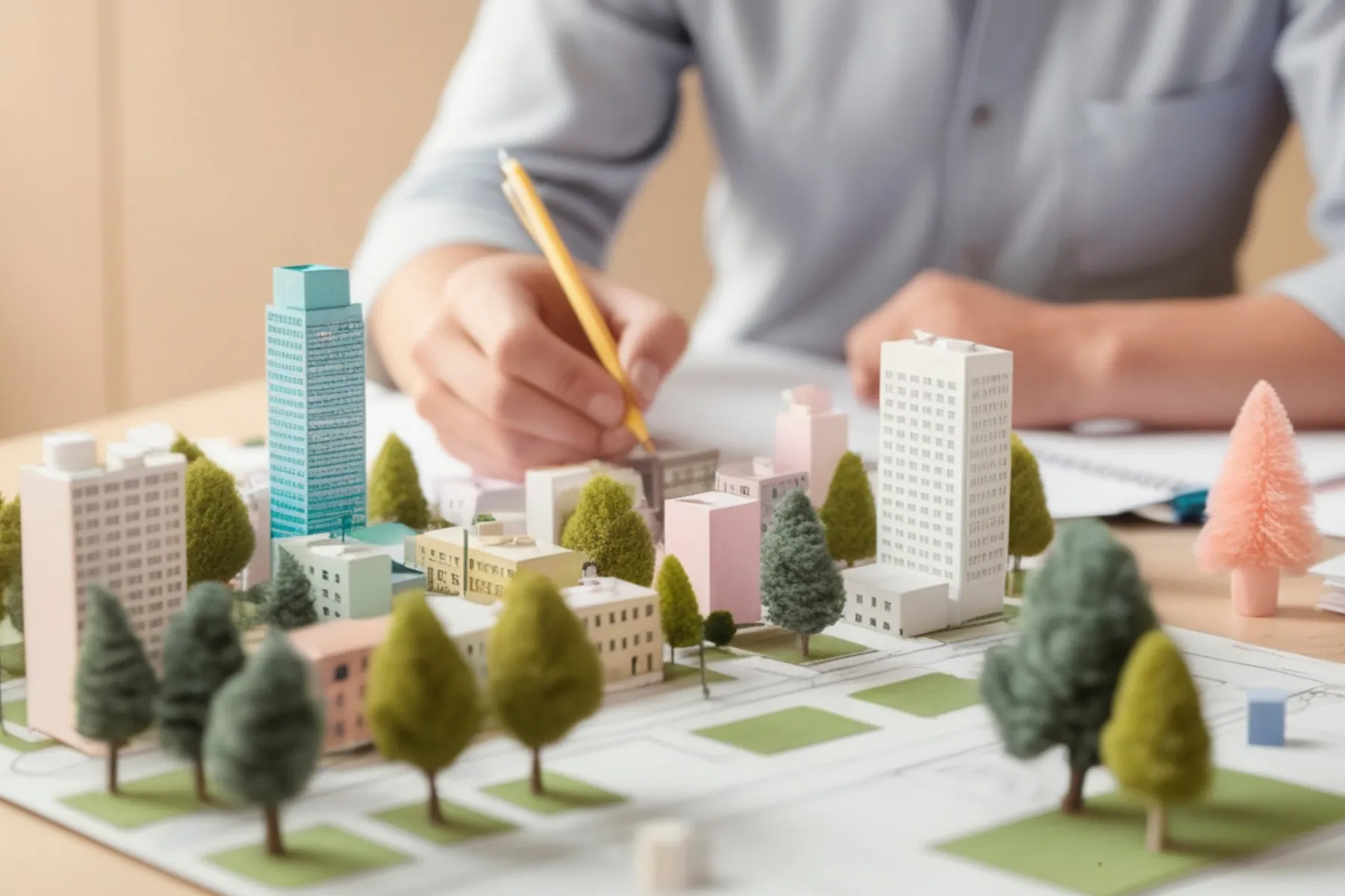 Architect drawing on city model with trees, buildings, and a blue skyscraper.