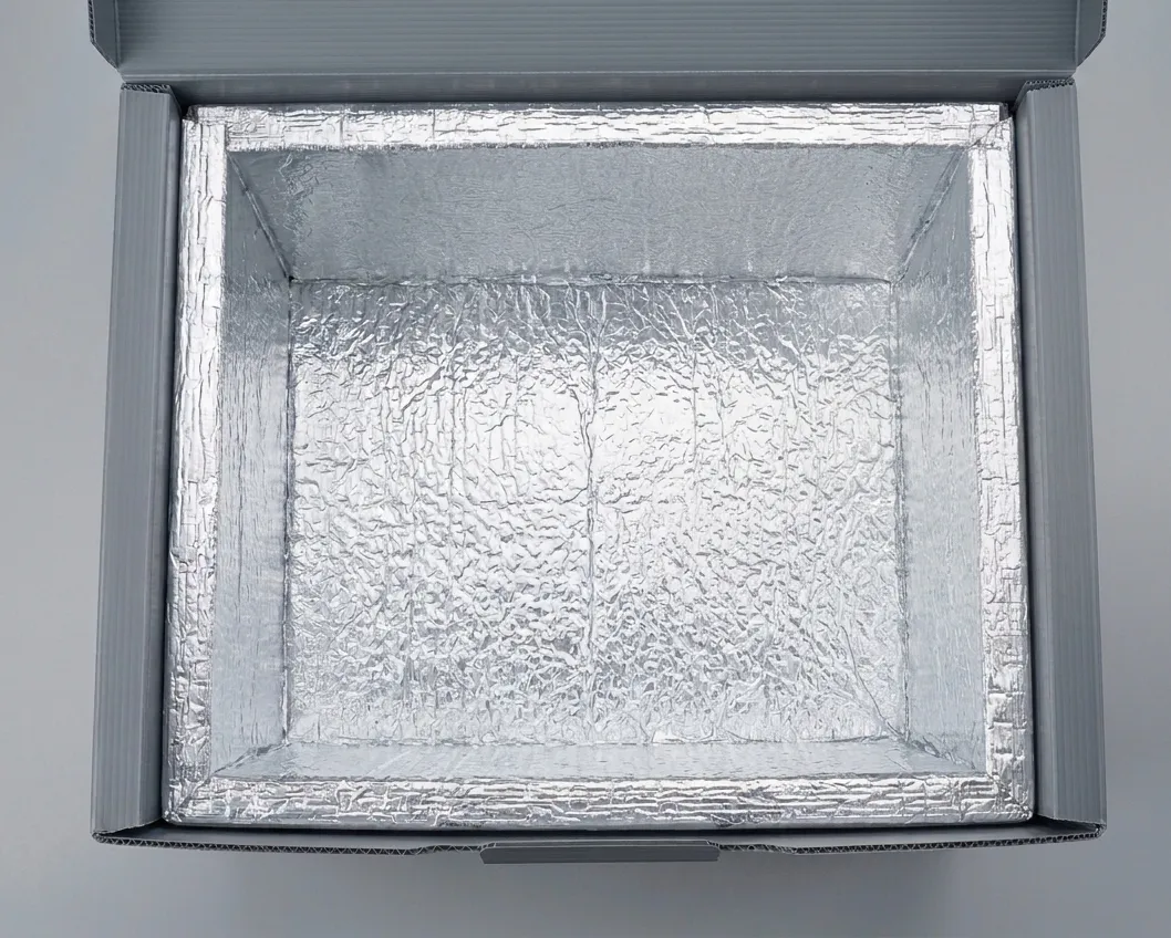 Open box lined with silver foil, viewed from above.