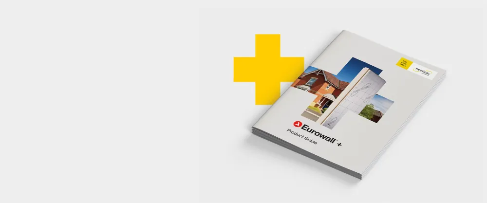 Brochure with building photos and yellow plus sign.