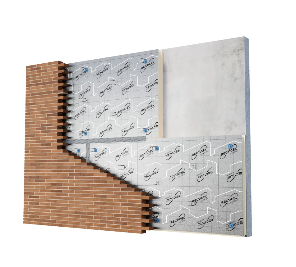 Brick wall section with insulation layers exposed.